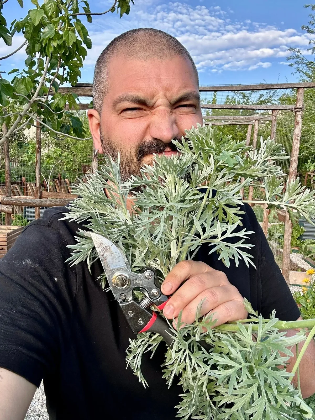 Pierpaolo al Podere con forbici da potatura e una pianta